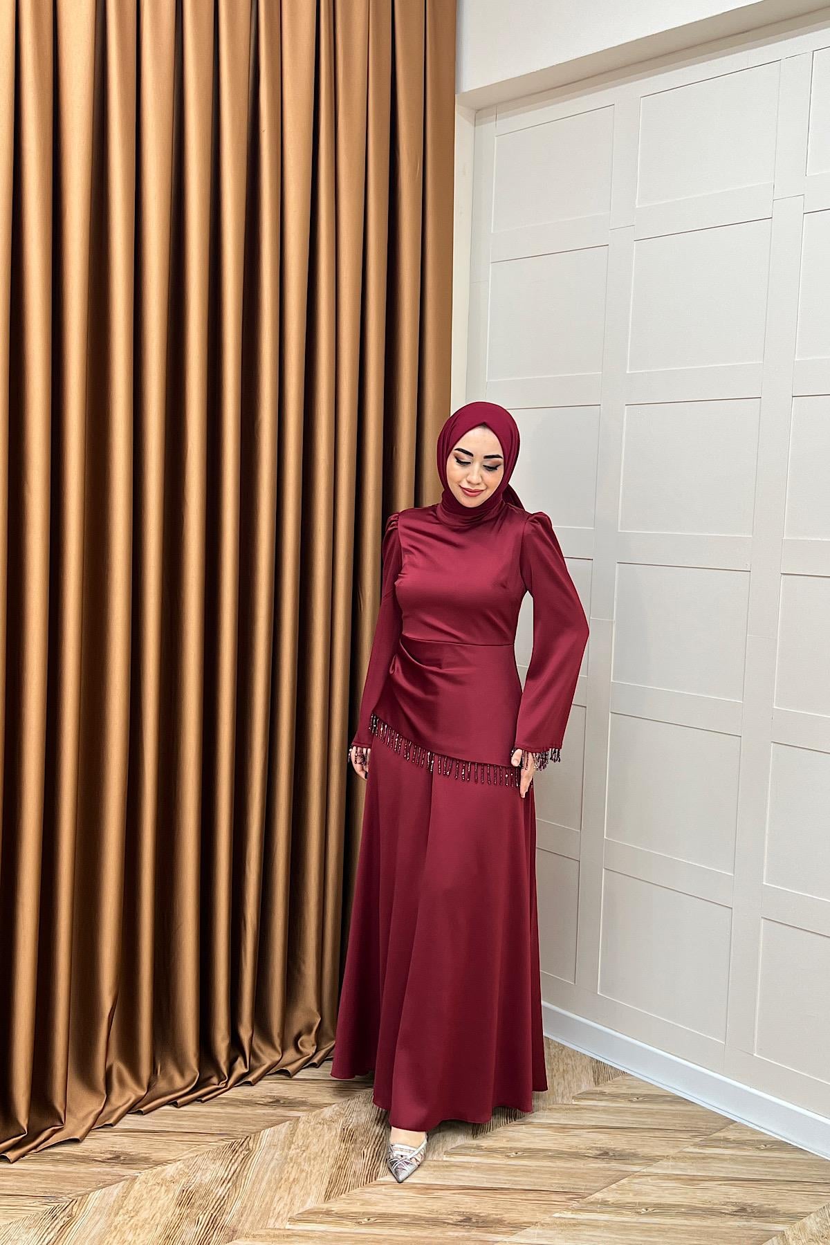 Ayla Saten Abiye Bordo