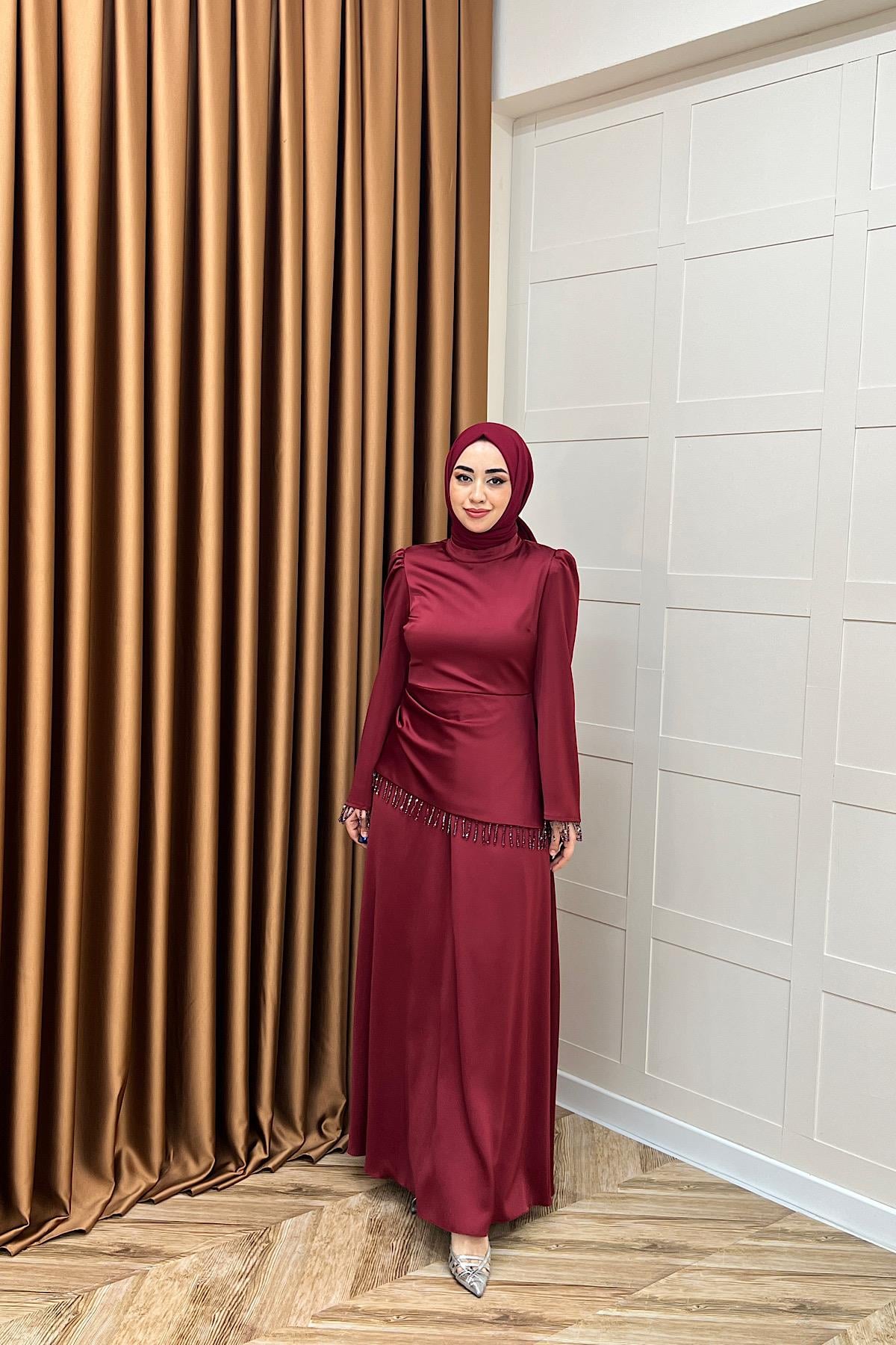 Ayla Saten Abiye Bordo