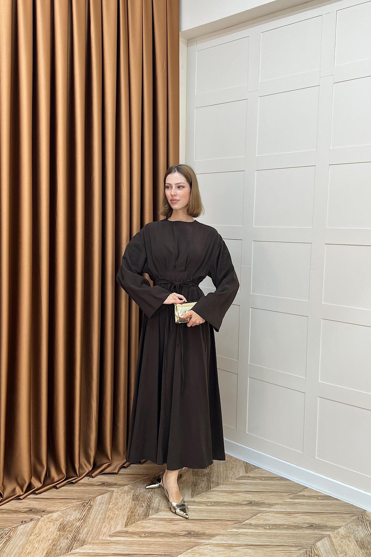 Belden Bağlamalı Cupra Elbise Kahverengi