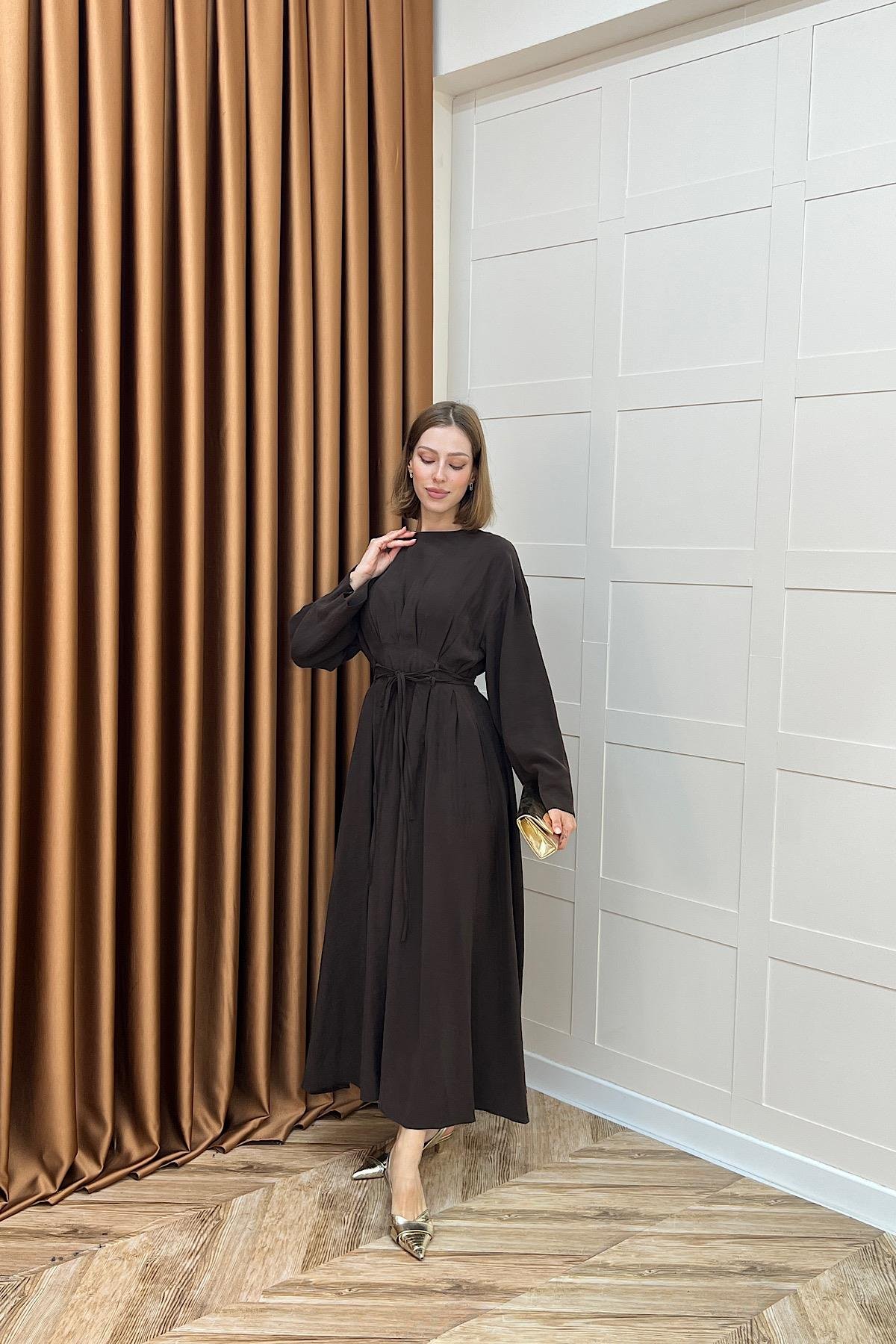 Belden Bağlamalı Cupra Elbise Kahverengi