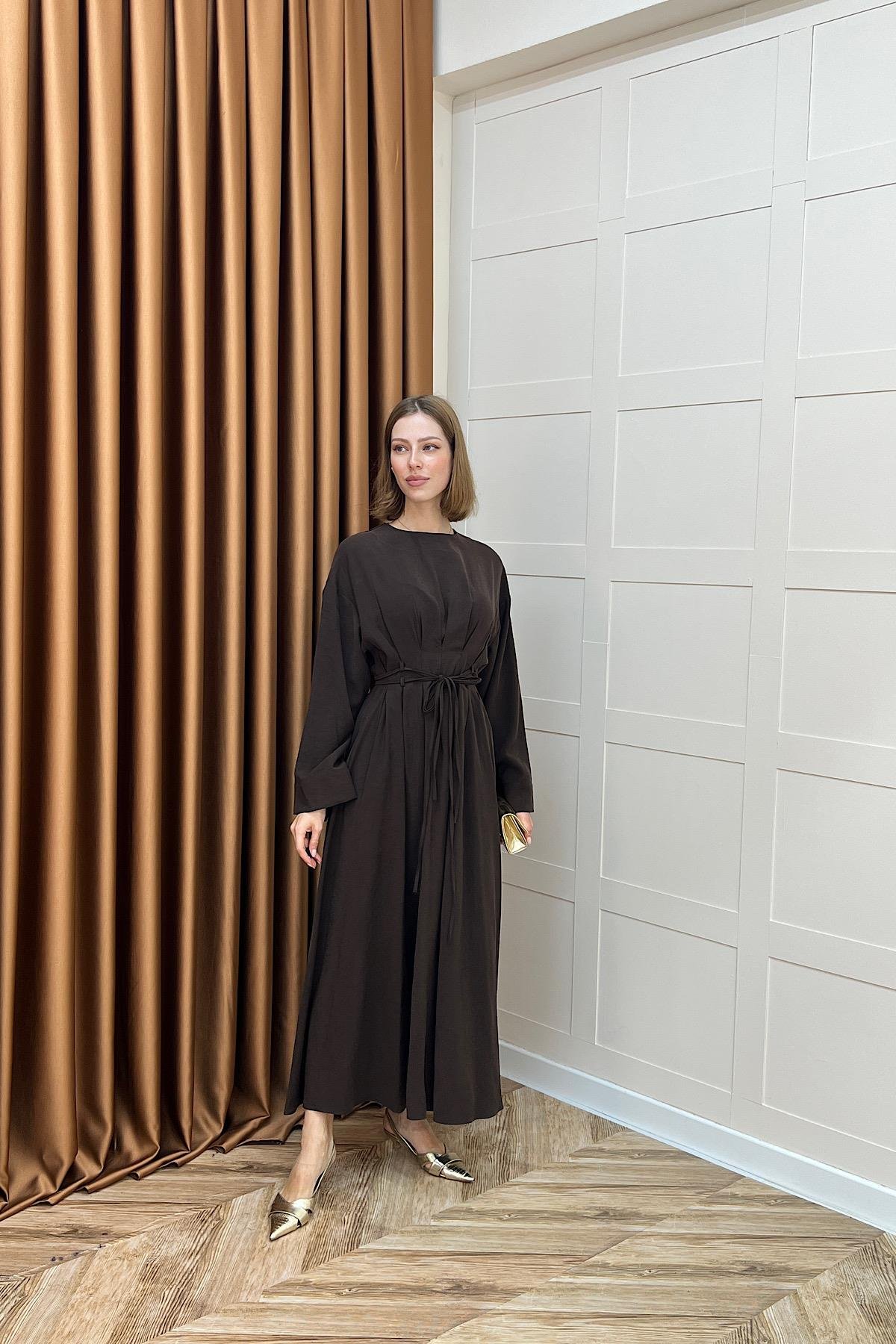 Belden Bağlamalı Cupra Elbise Kahverengi