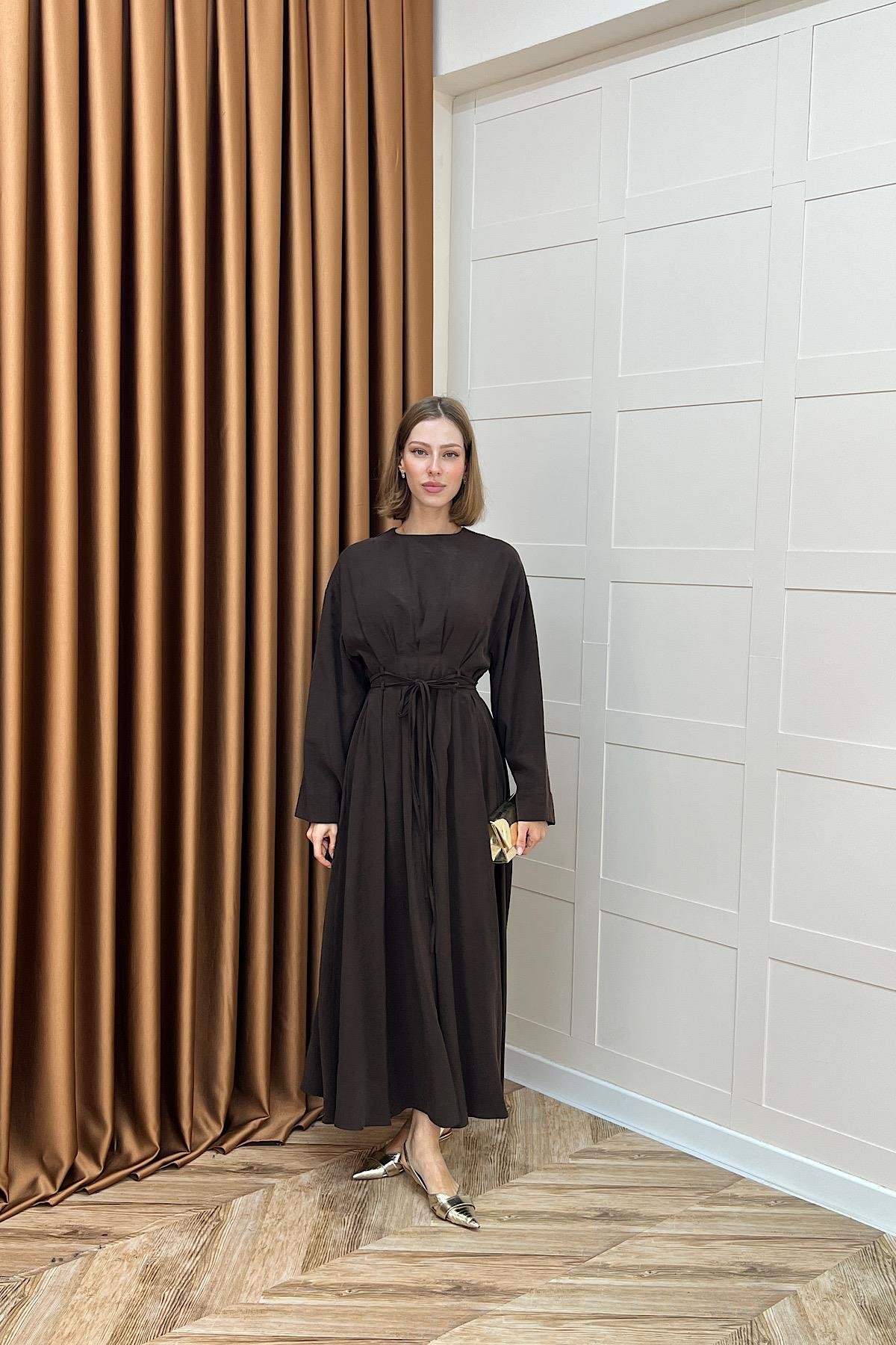 Belden Bağlamalı Cupra Elbise Kahverengi