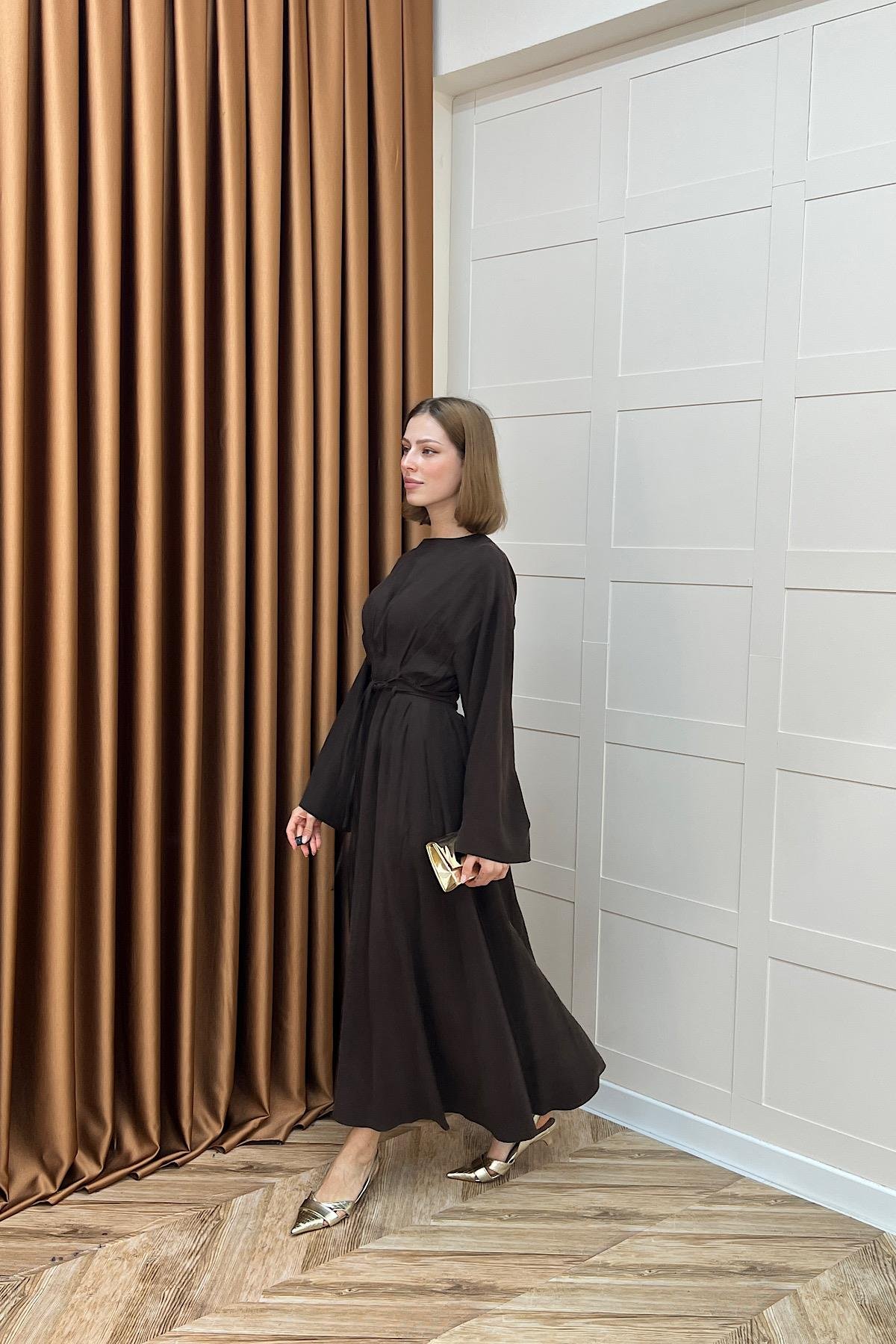 Belden Bağlamalı Cupra Elbise Kahverengi