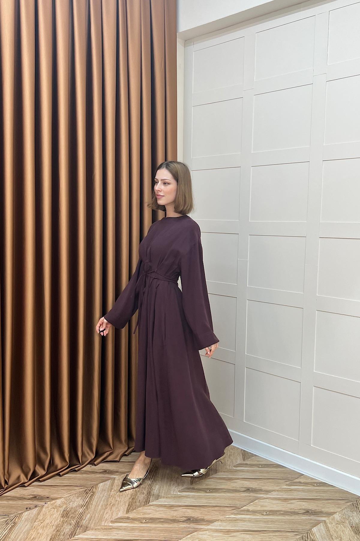 Belden Bağlamalı Cupra Elbise Mürdüm