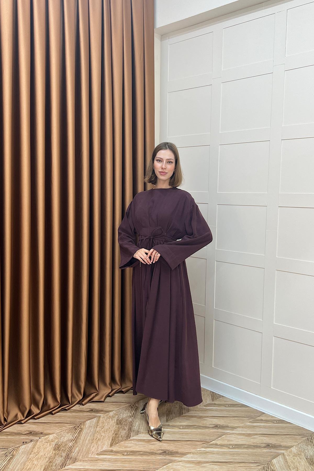 Belden Bağlamalı Cupra Elbise Mürdüm