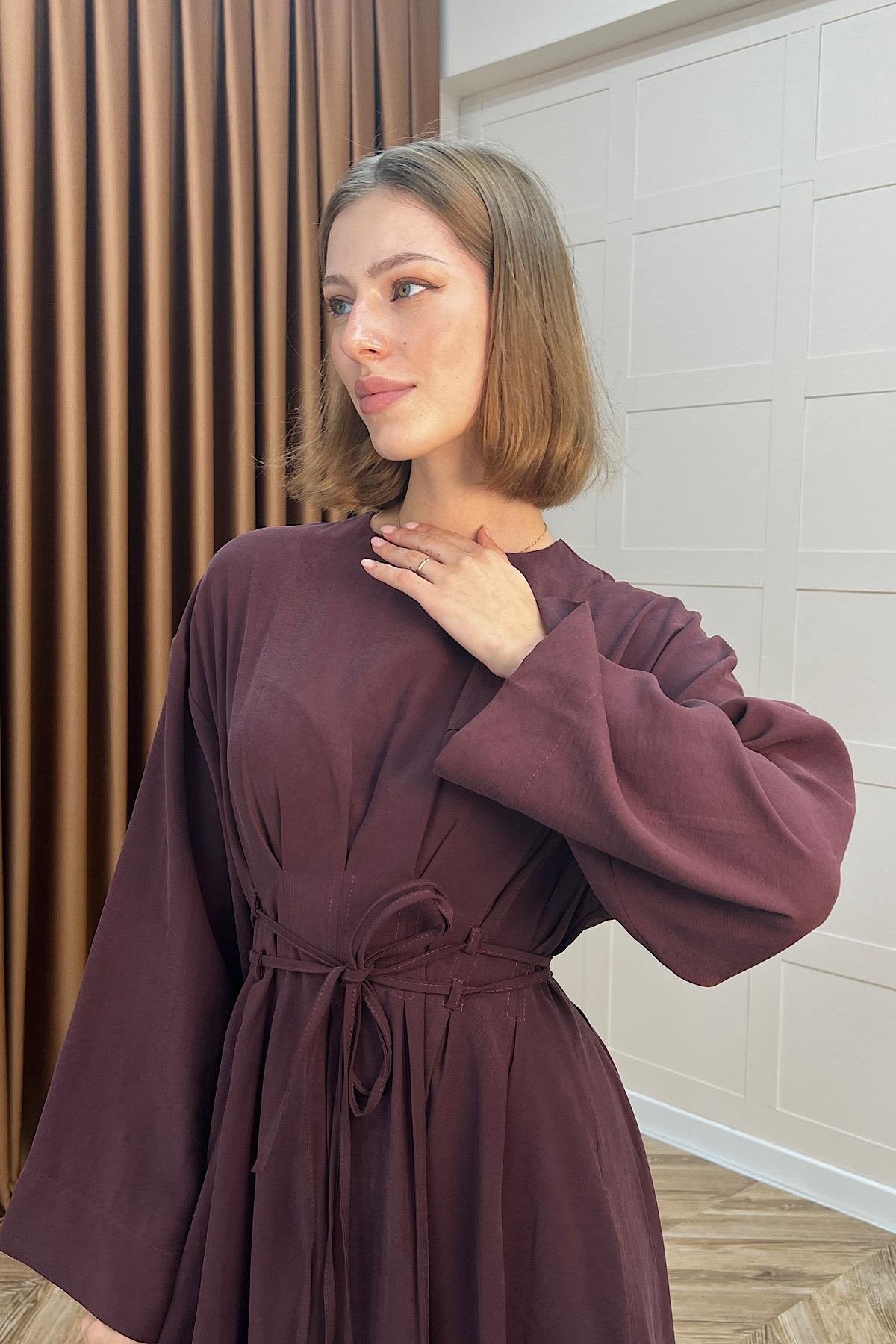 Belden Bağlamalı Cupra Elbise Mürdüm