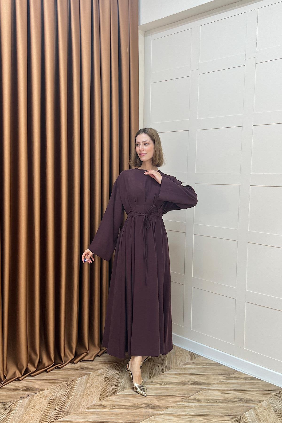 Belden Bağlamalı Cupra Elbise Mürdüm