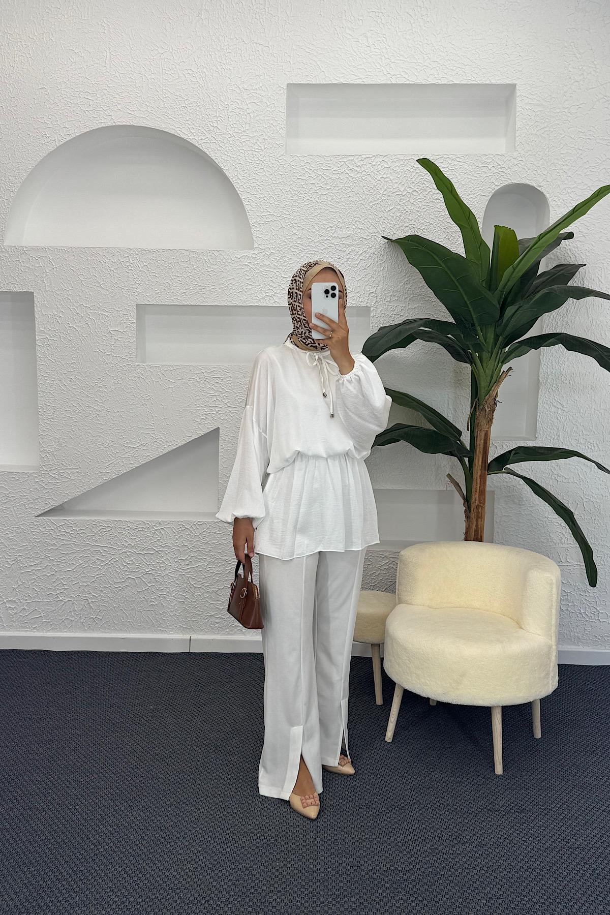 Belden Lastikli Yarasa Kol Tunik Beyaz