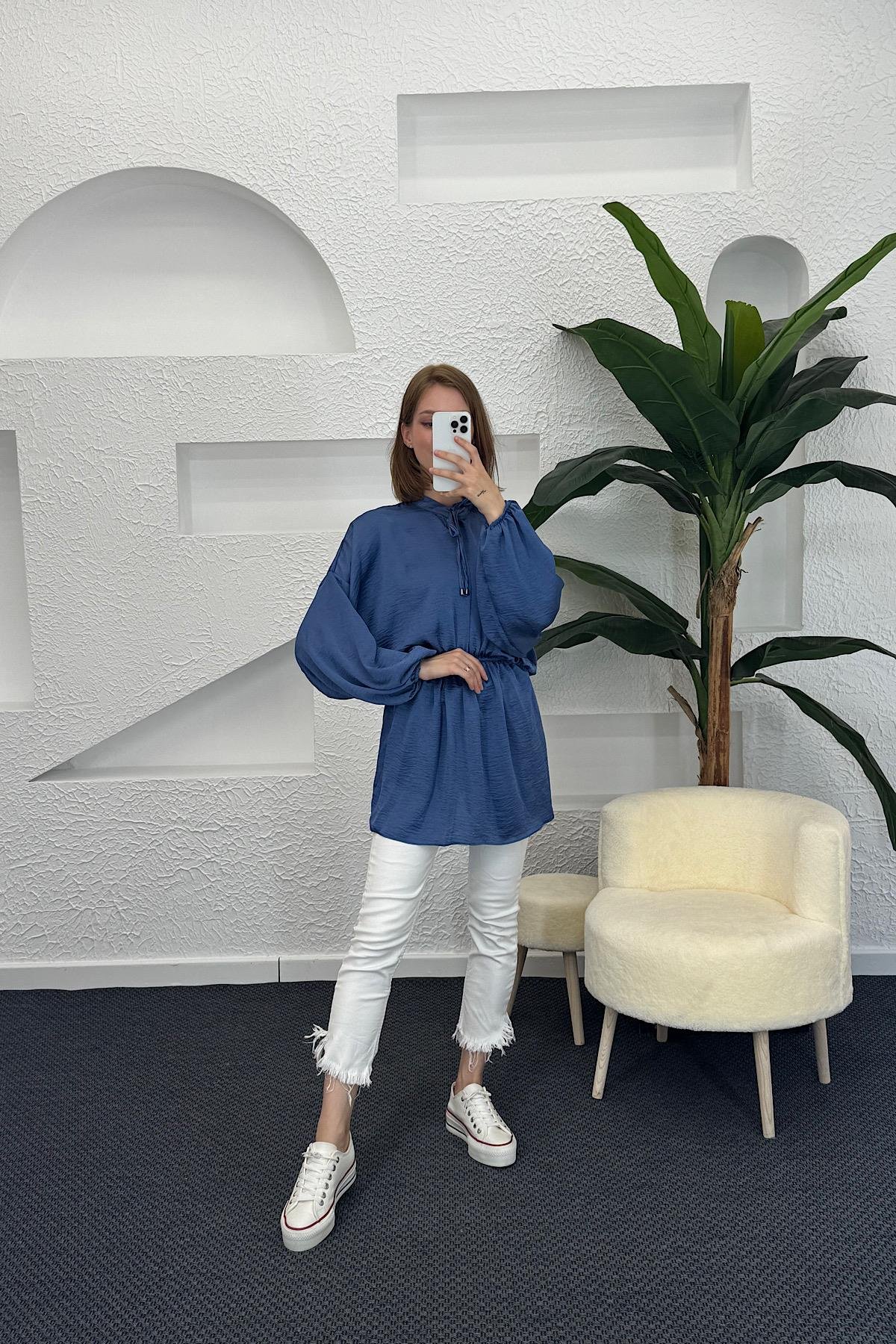 Belden Lastikli Yarasa Kol Tunik Mavi