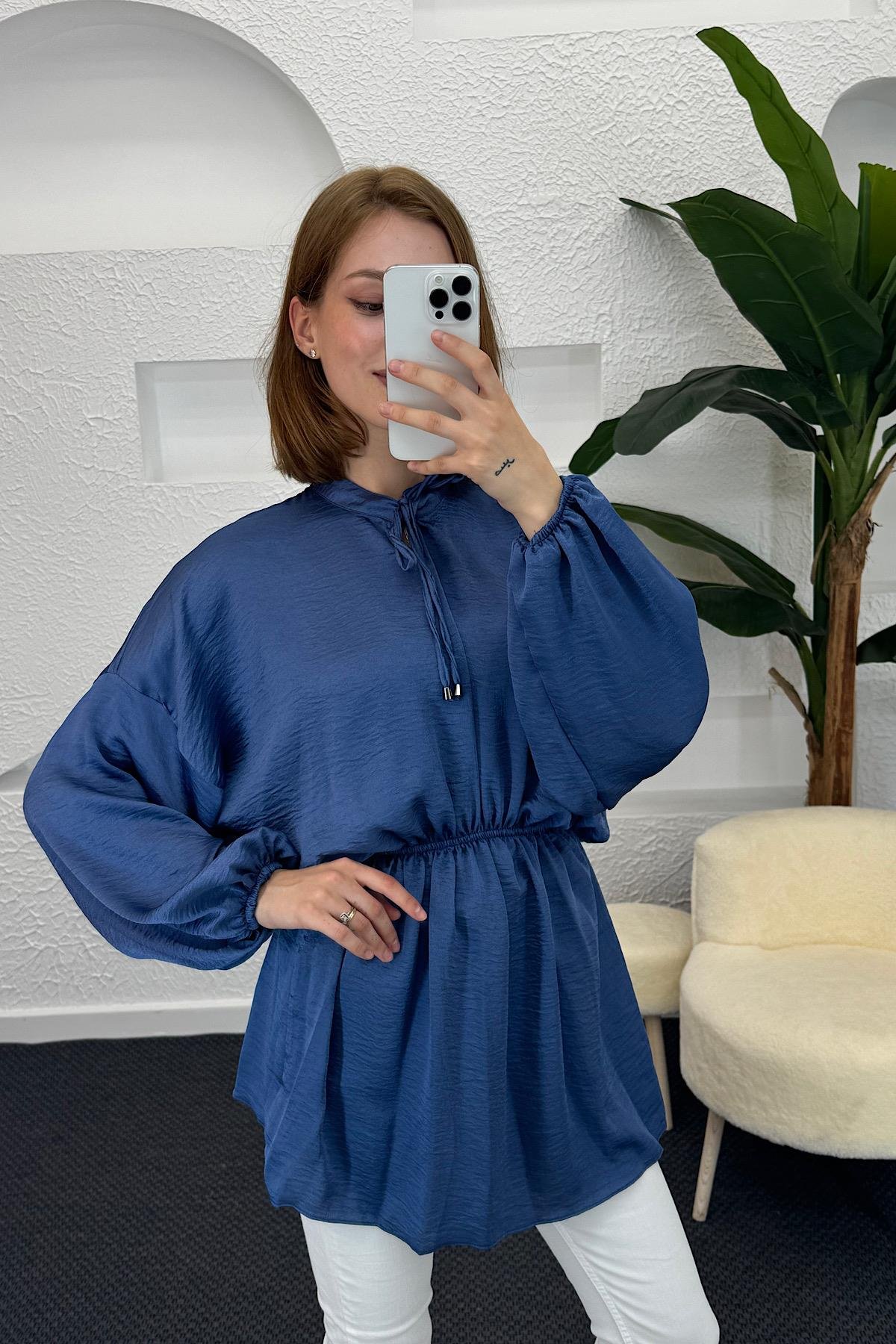 Belden Lastikli Yarasa Kol Tunik Mavi