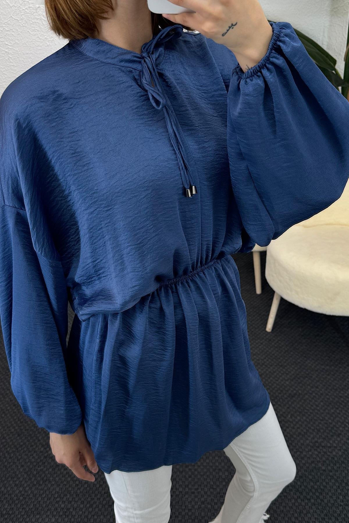 Belden Lastikli Yarasa Kol Tunik Mavi