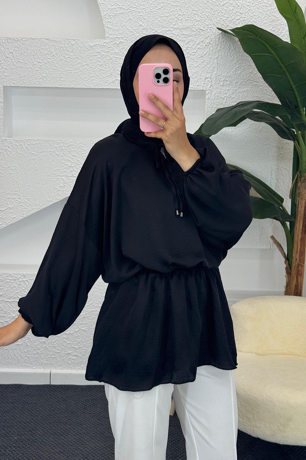 Belden Lastikli Yarasa Kol Tunik Siyah