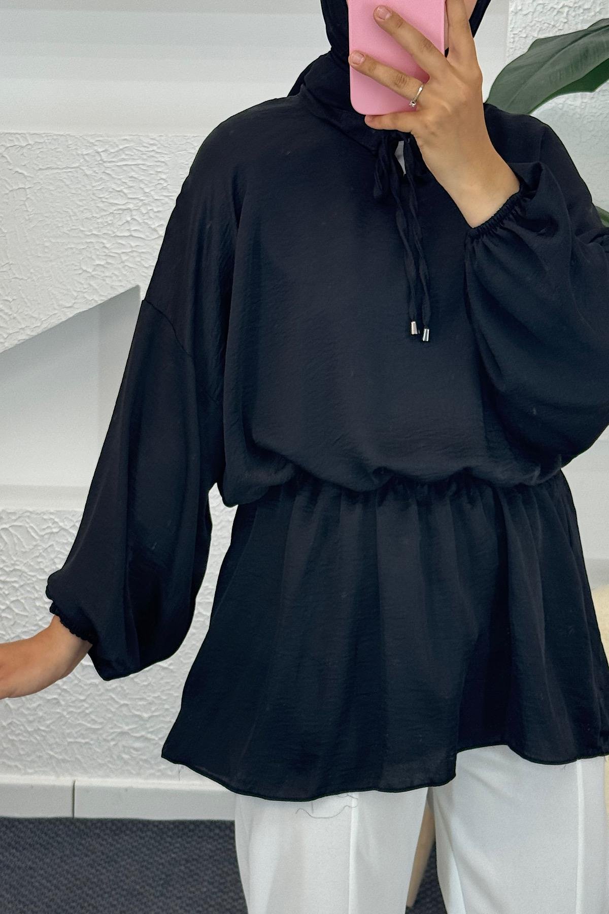 Belden Lastikli Yarasa Kol Tunik Siyah