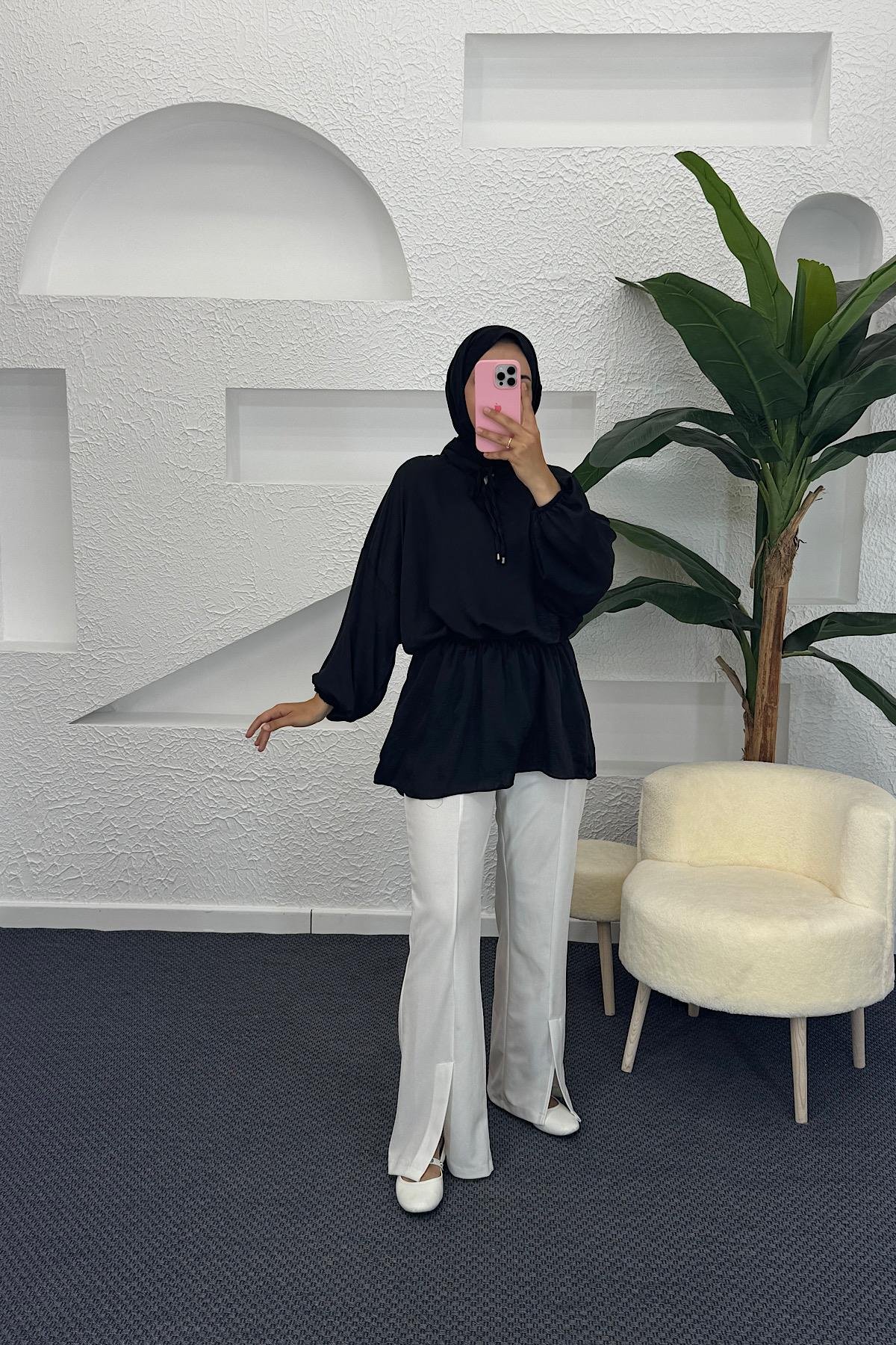 Belden Lastikli Yarasa Kol Tunik Siyah