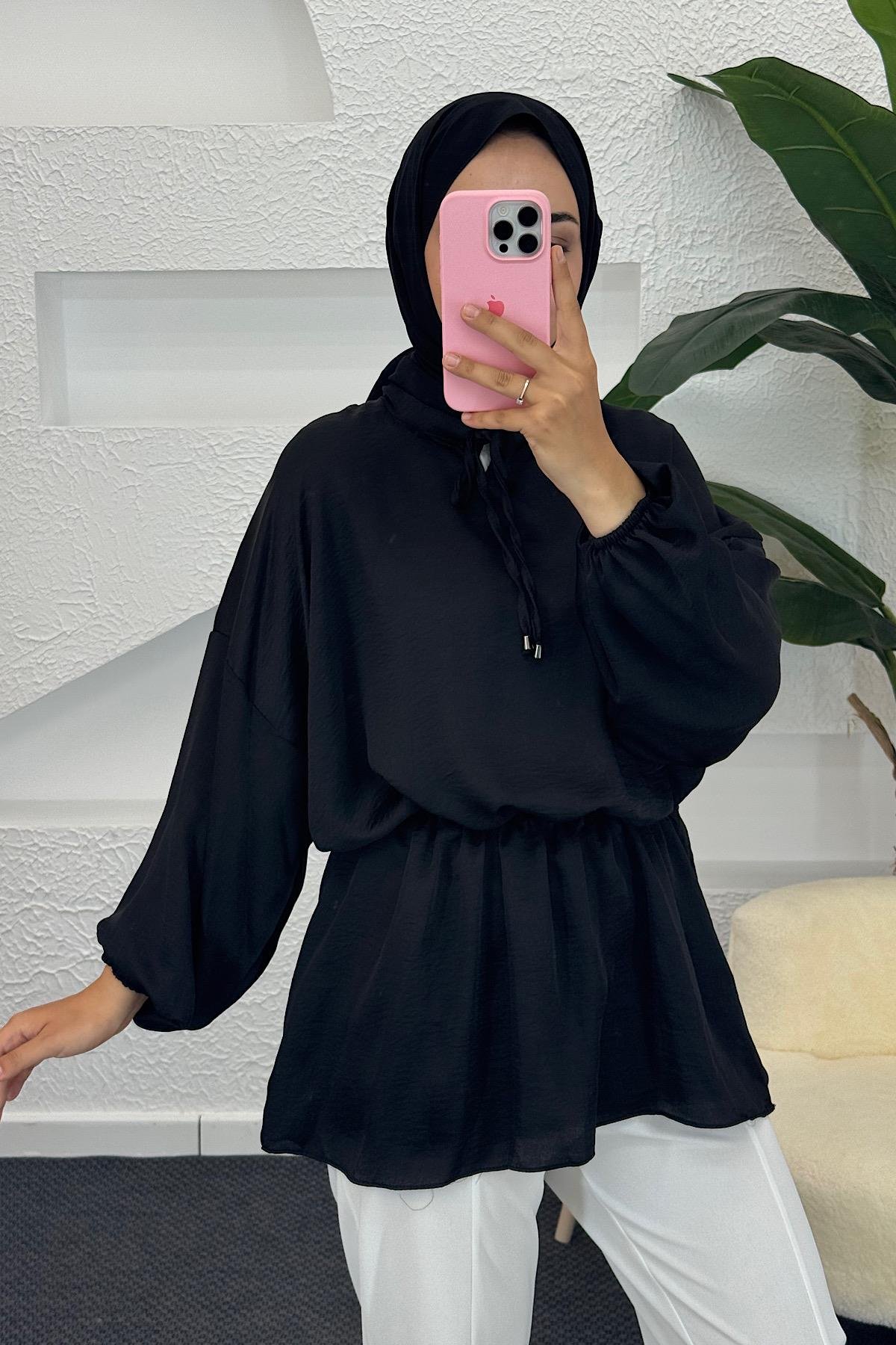 Belden Lastikli Yarasa Kol Tunik Siyah