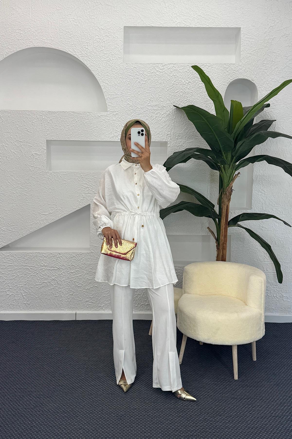 Beli Lastikli Modal Tunik Beyaz