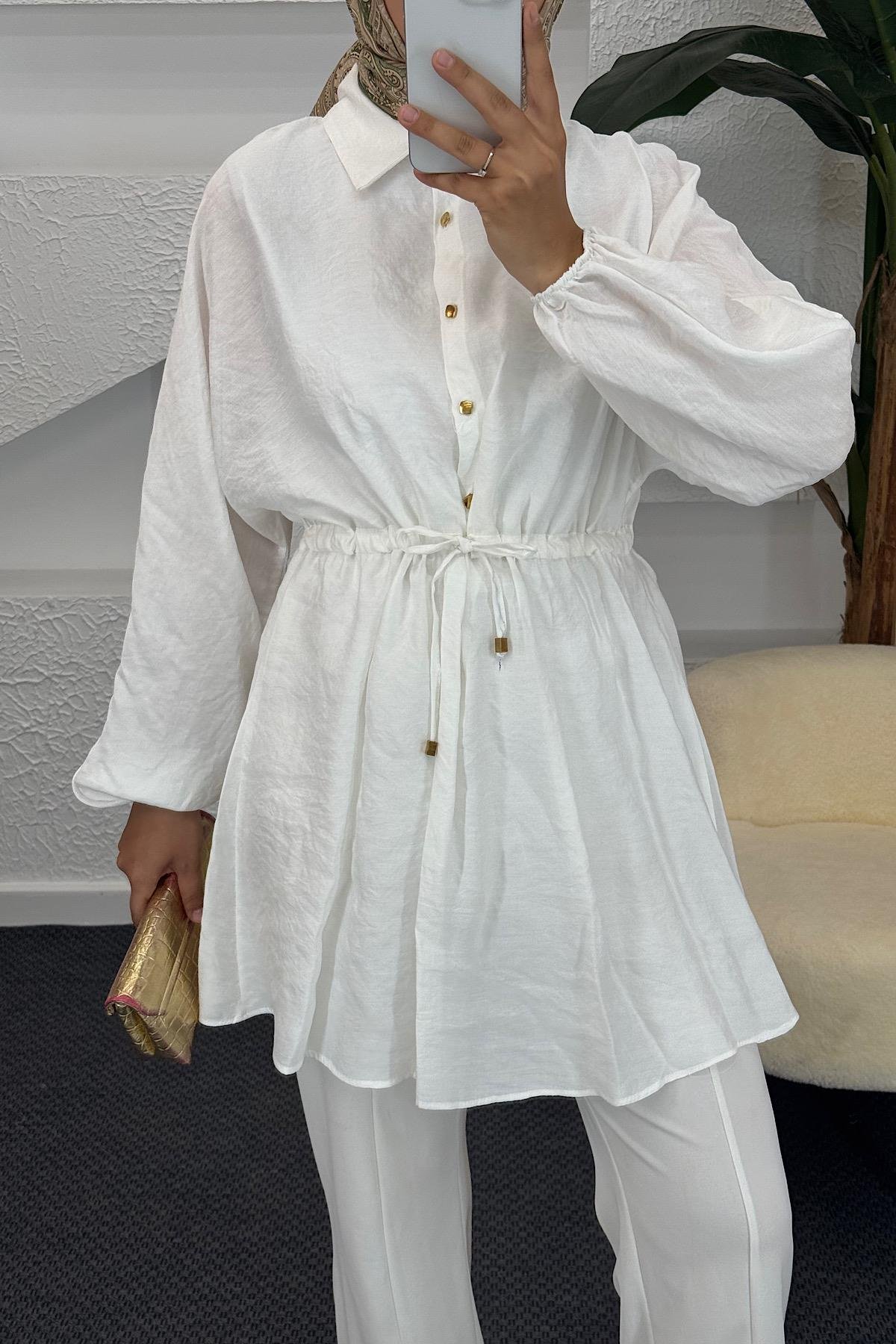 Beli Lastikli Modal Tunik Beyaz