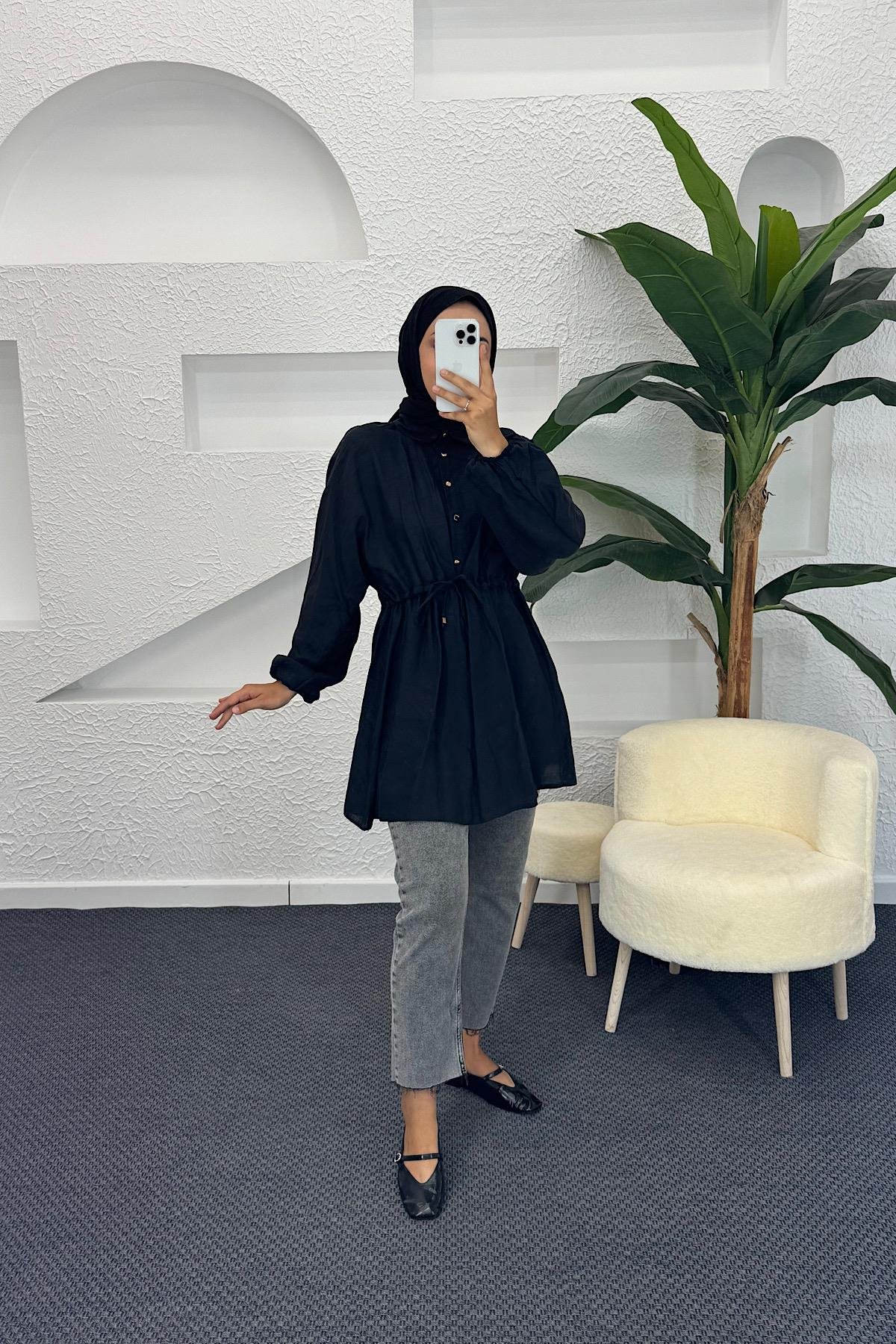 Beli Lastikli Modal Tunik Siyah