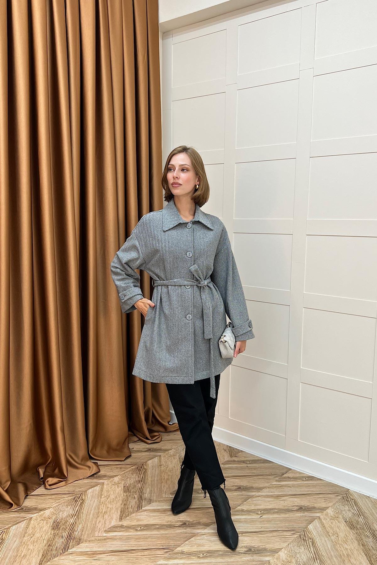 Bensu Kuşaklı Kaşe Kaban Gri