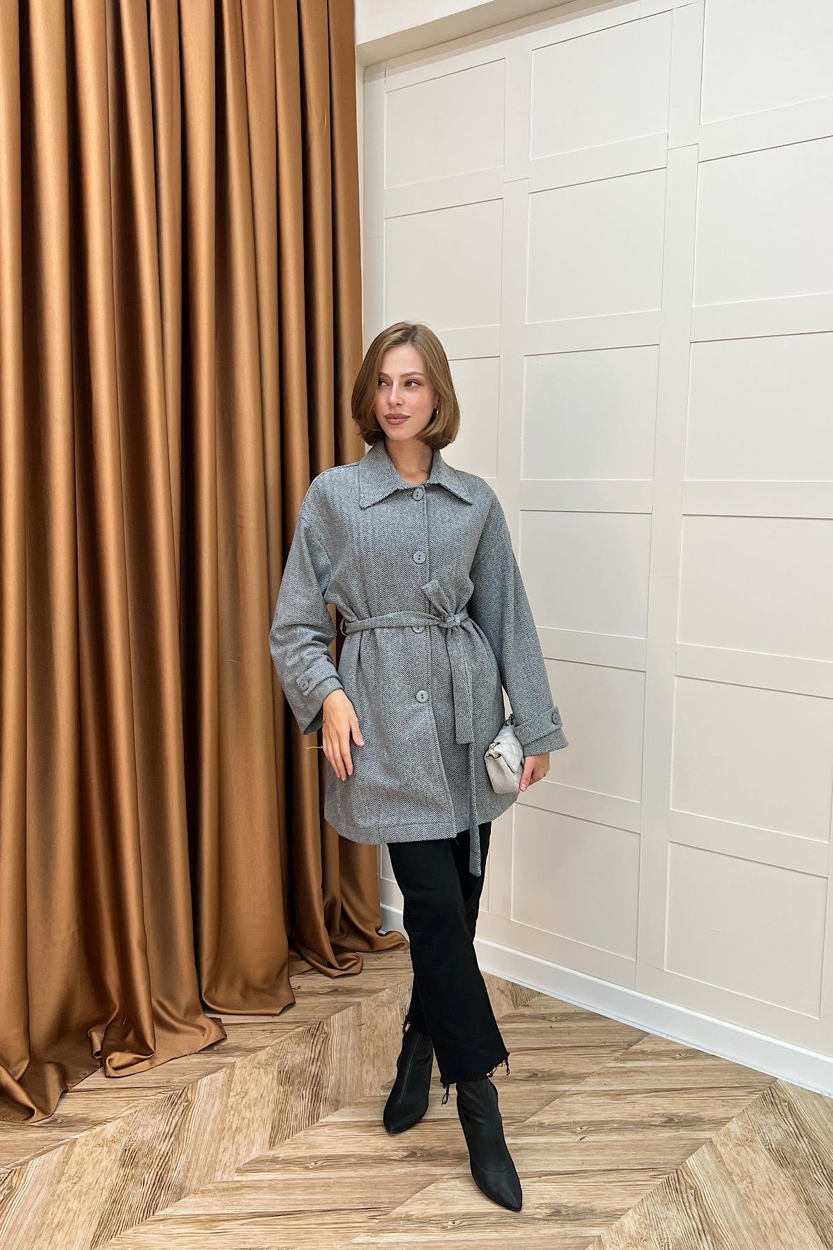 Bensu Kuşaklı Kaşe Kaban Gri