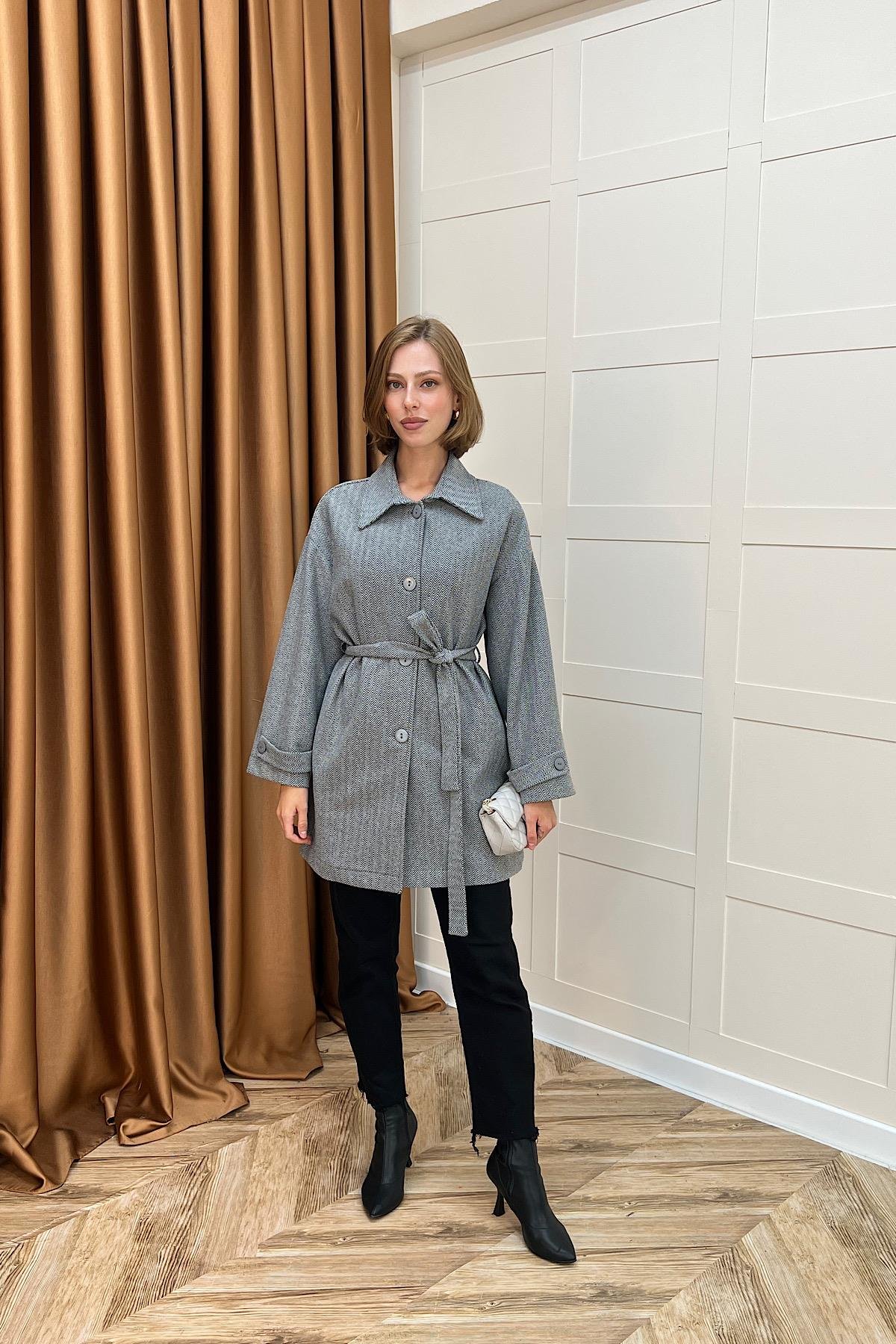 Bensu Kuşaklı Kaşe Kaban Gri