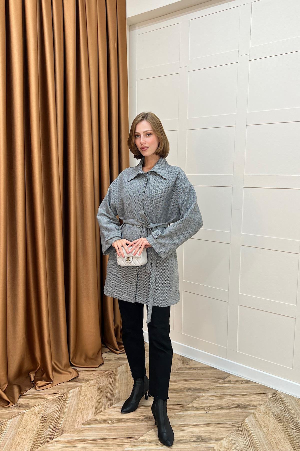 Bensu Kuşaklı Kaşe Kaban Gri