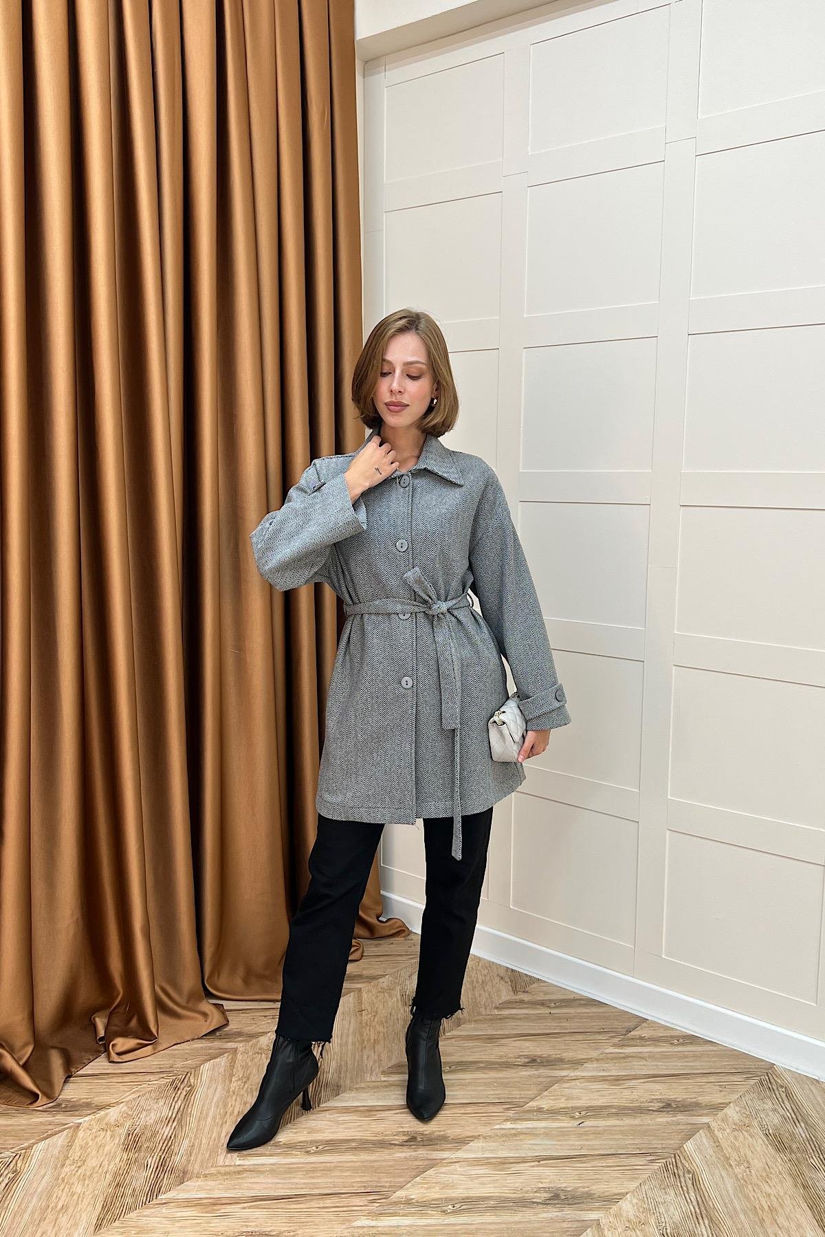 Bensu Kuşaklı Kaşe Kaban Gri