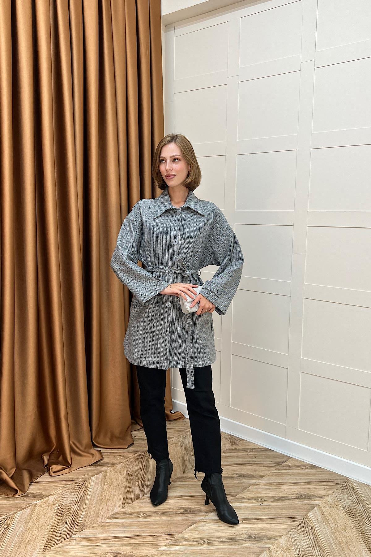 Bensu Kuşaklı Kaşe Kaban Gri