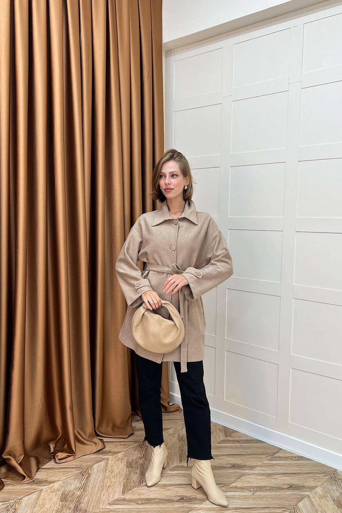 Bensu Kuşaklı Kaşe Kaban Kahverengi