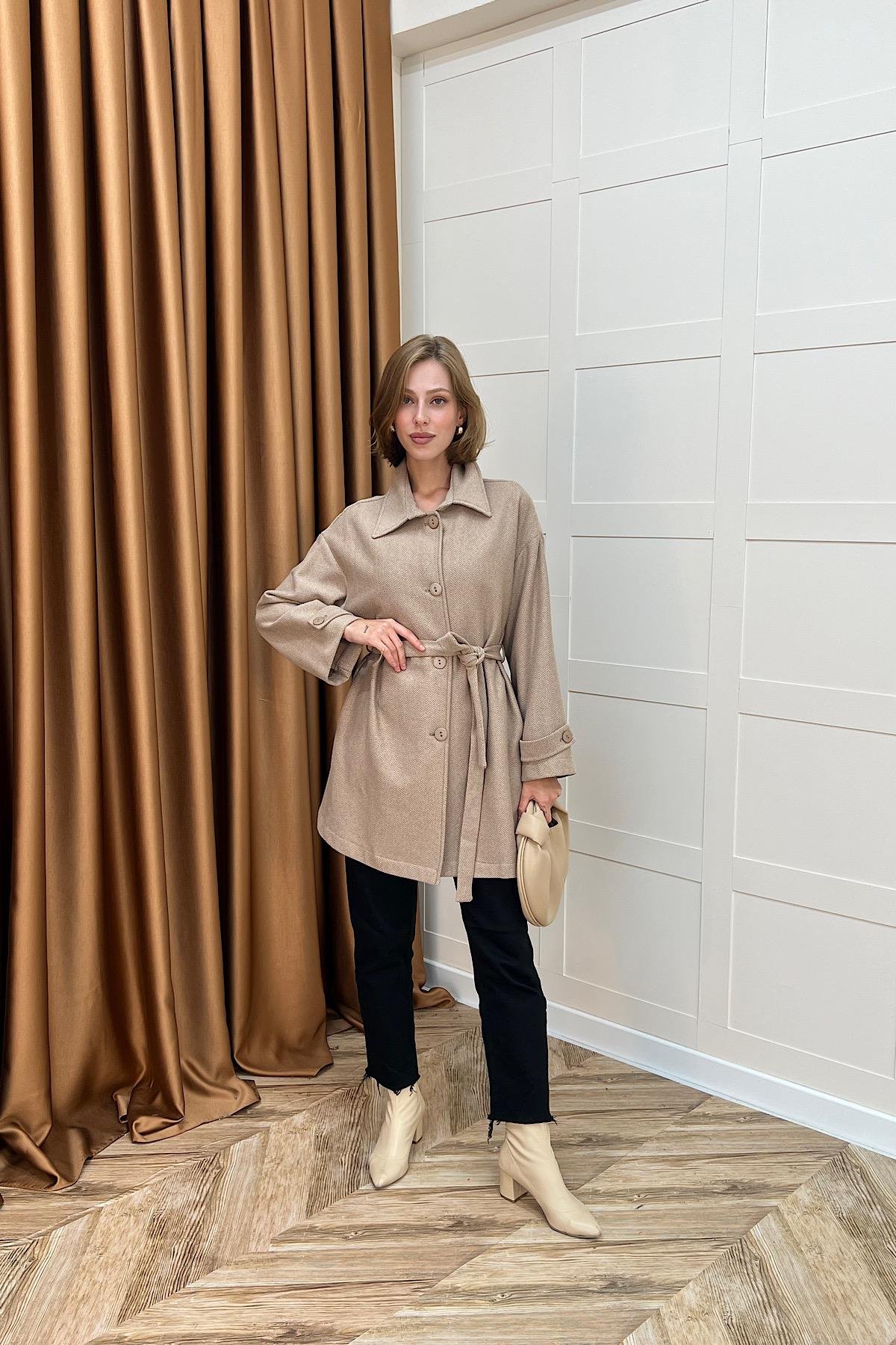 Bensu Kuşaklı Kaşe Kaban Kahverengi