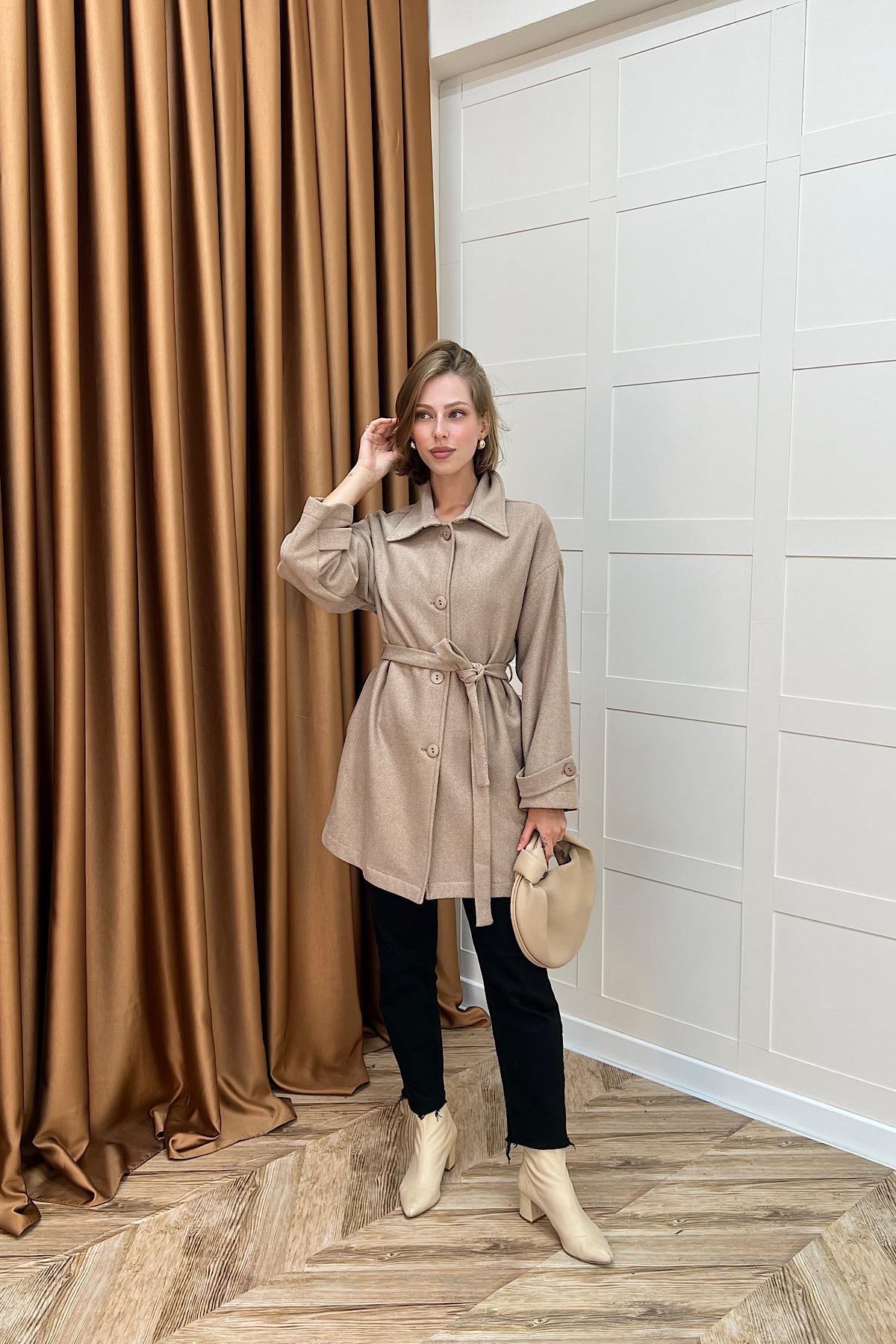 Bensu Kuşaklı Kaşe Kaban Kahverengi