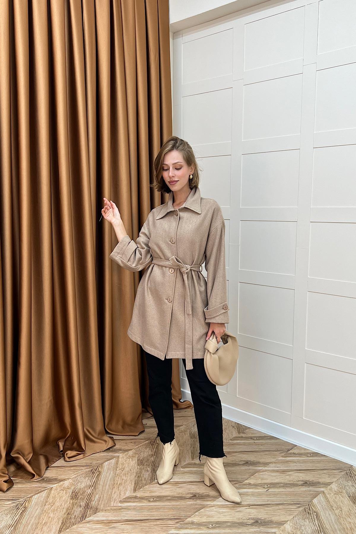 Bensu Kuşaklı Kaşe Kaban Kahverengi