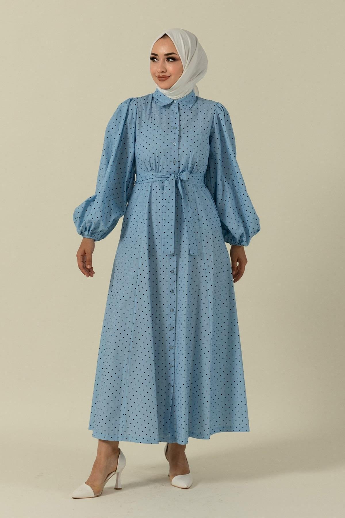 Boydan Düğmeli Puantiye Desen Elbise Mavi