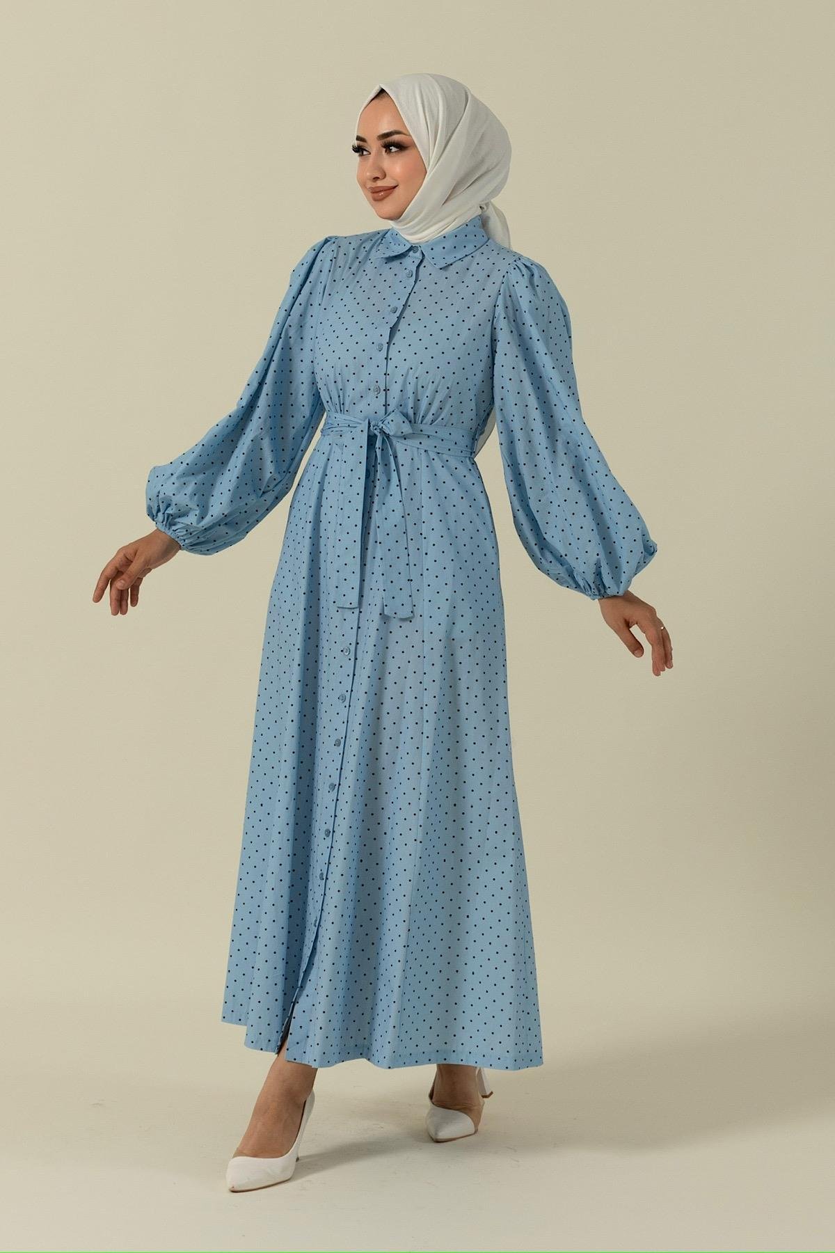 Boydan Düğmeli Puantiye Desen Elbise Mavi