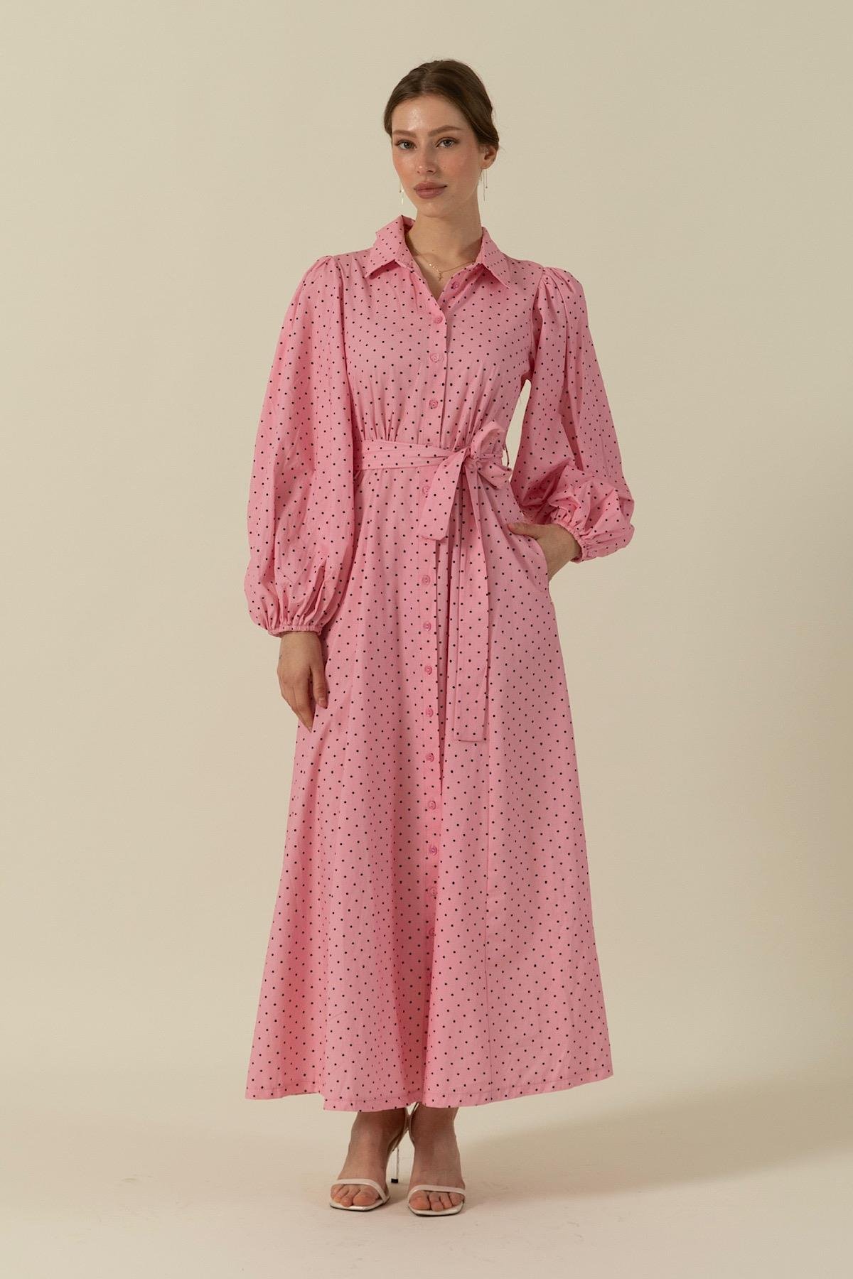 Boydan Düğmeli Puantiye Desen Elbise Pembe