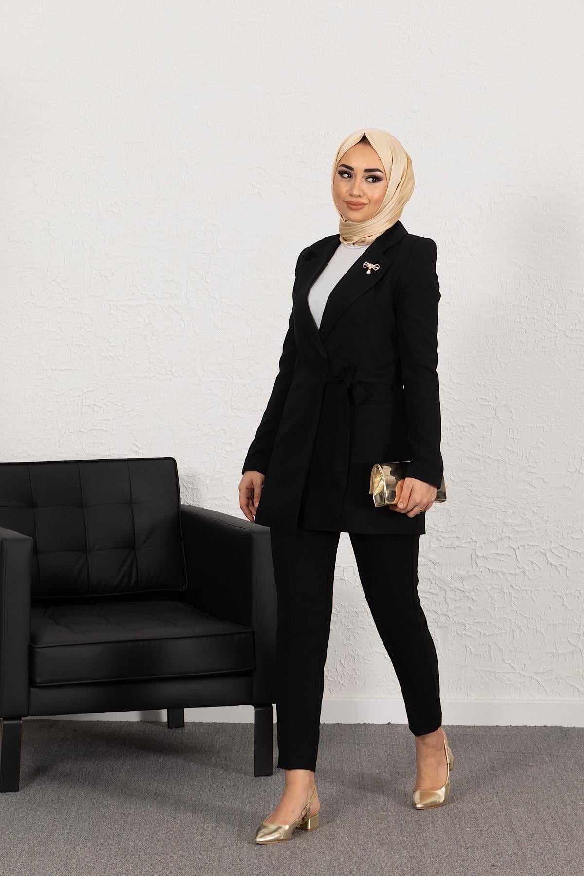 Ceketi Yandan Bağlamalı Pantolon Takım Siyah