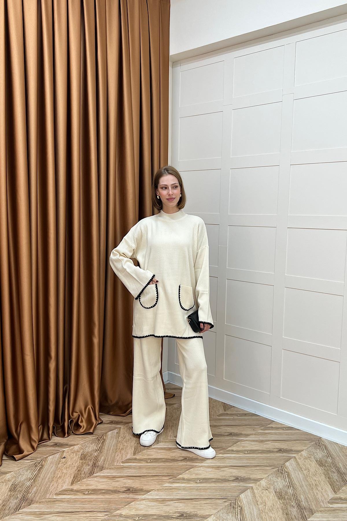 Cep Örgülü Triko Takım Krem