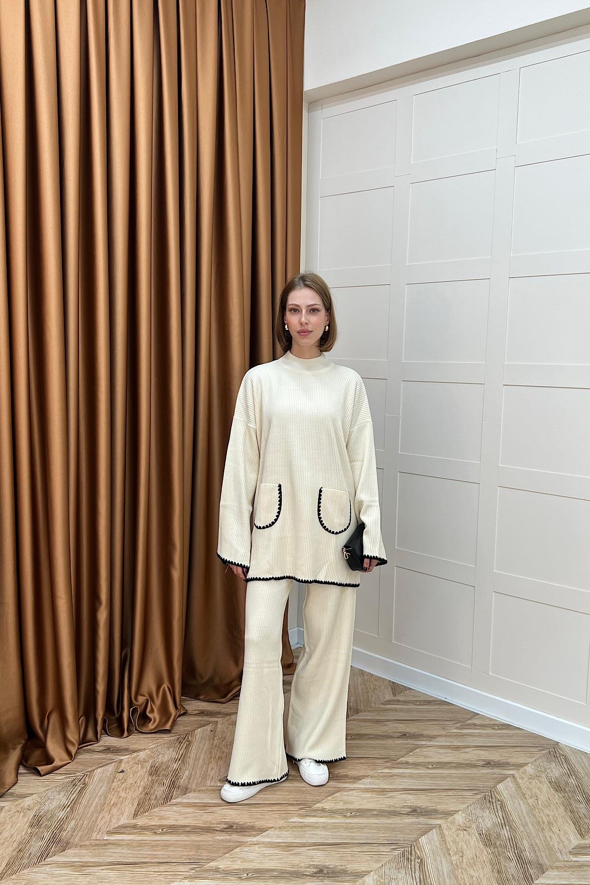 Cep Örgülü Triko Takım Krem