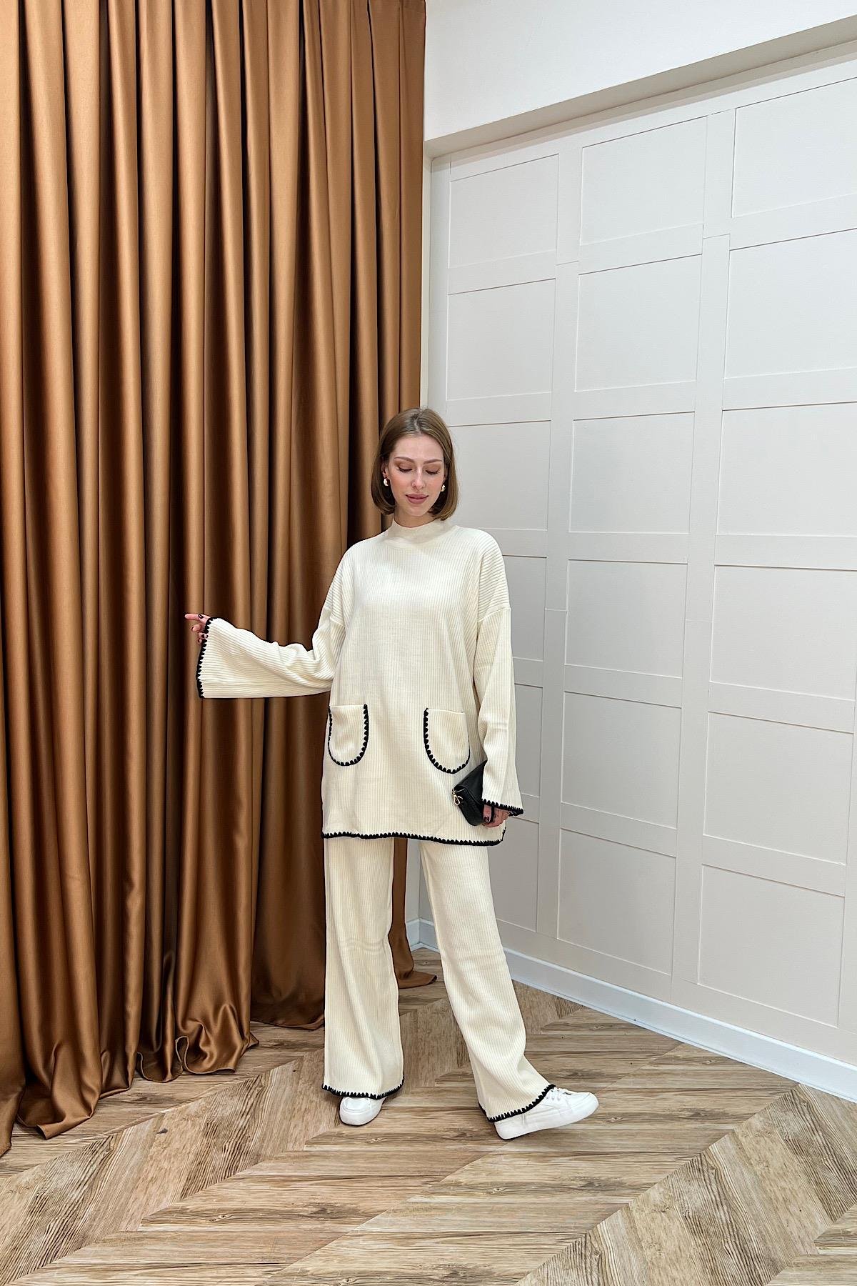 Cep Örgülü Triko Takım Krem