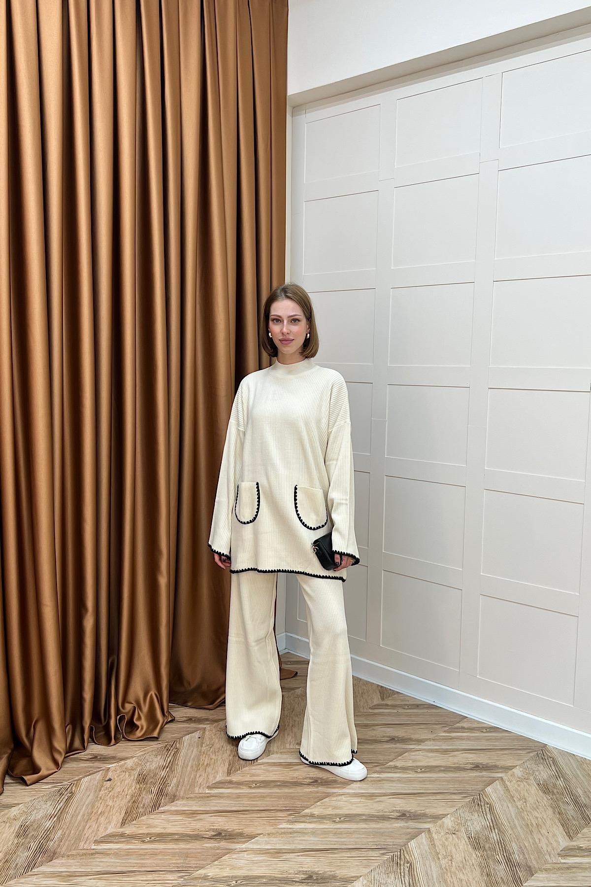 Cep Örgülü Triko Takım Krem