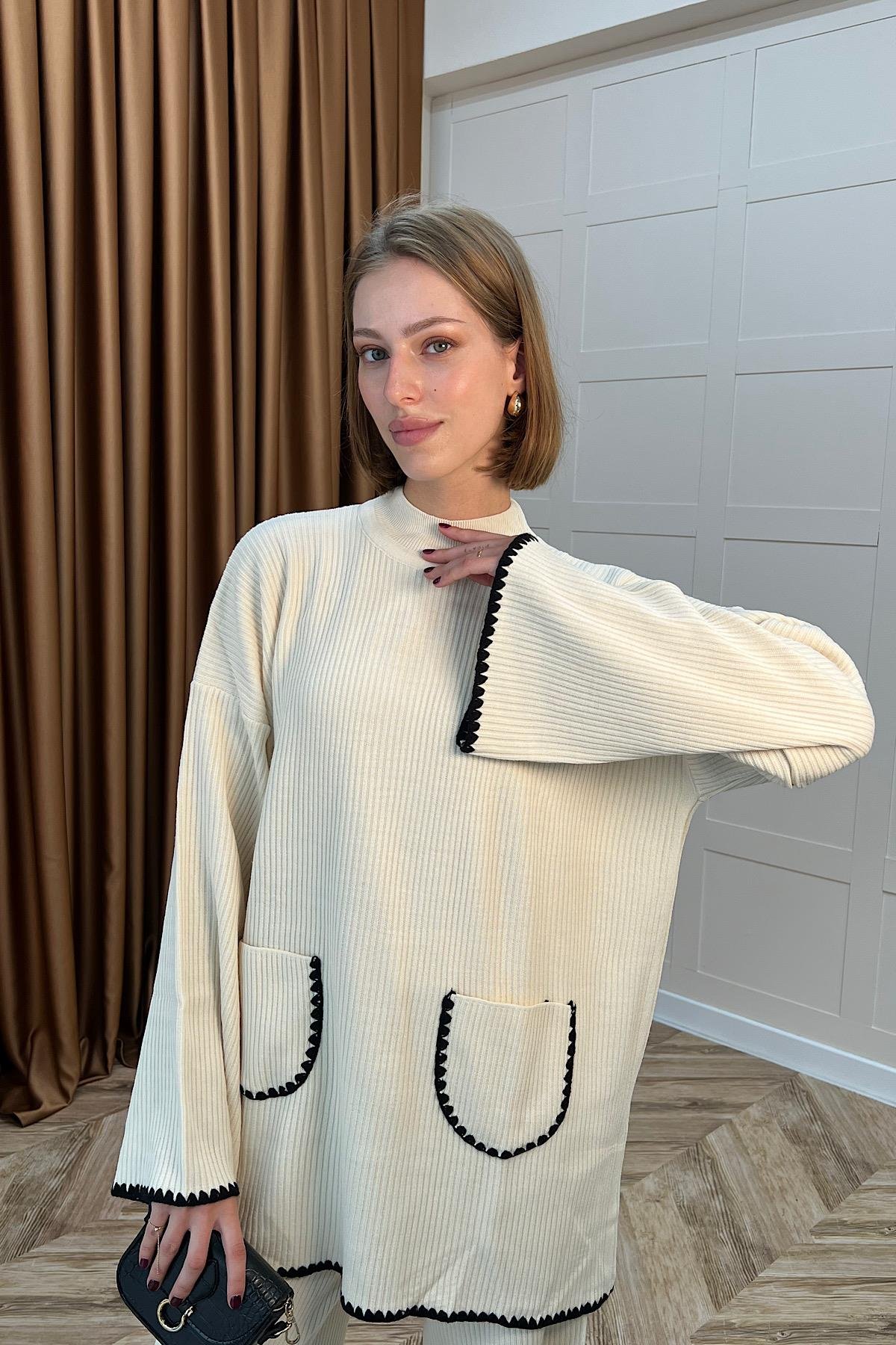 Cep Örgülü Triko Takım Krem