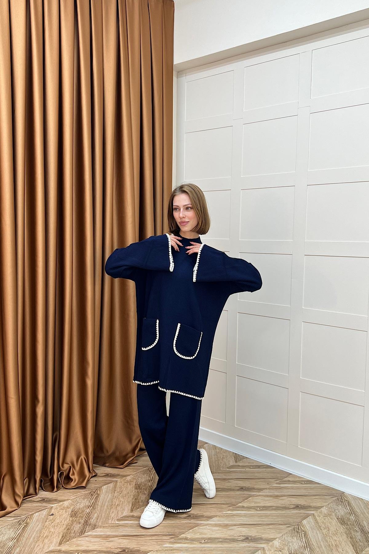 Cep Örgülü Triko Takım Lacivert