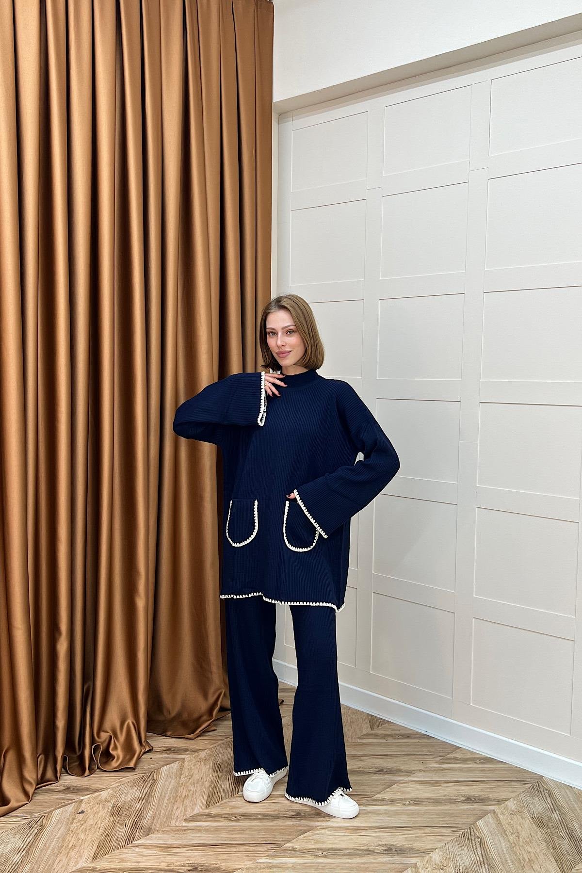 Cep Örgülü Triko Takım Lacivert