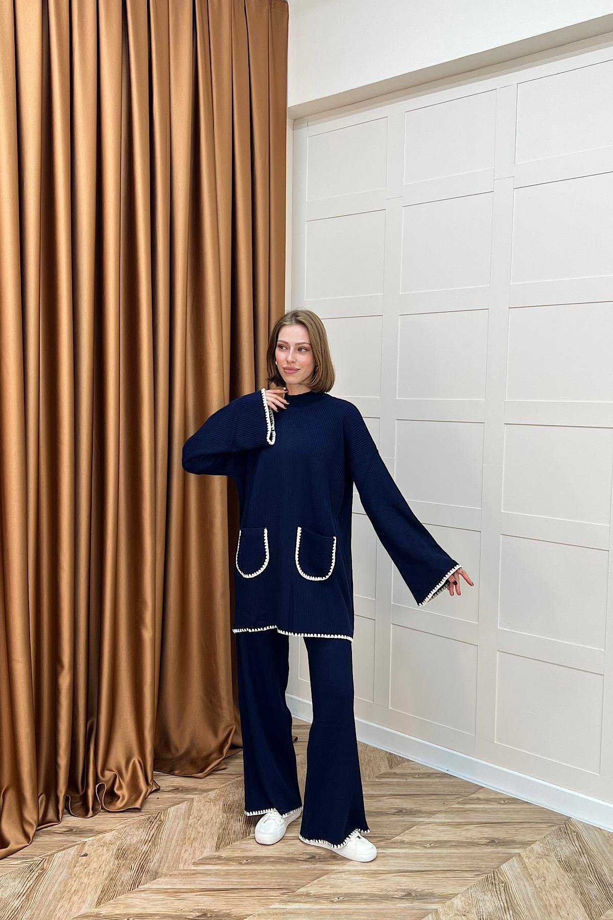 Cep Örgülü Triko Takım Lacivert