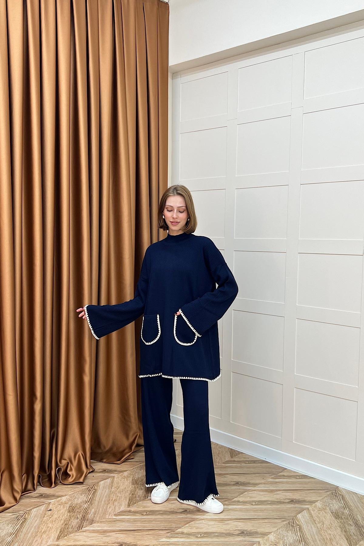 Cep Örgülü Triko Takım Lacivert