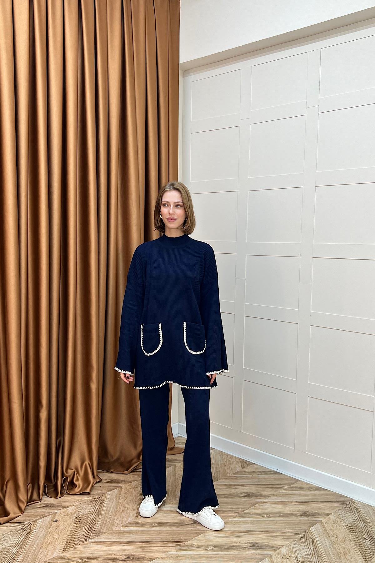 Cep Örgülü Triko Takım Lacivert