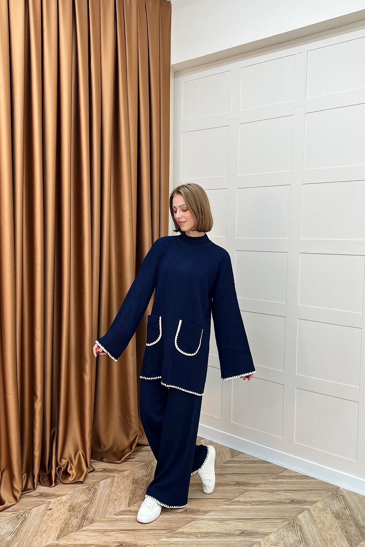 Cep Örgülü Triko Takım Lacivert