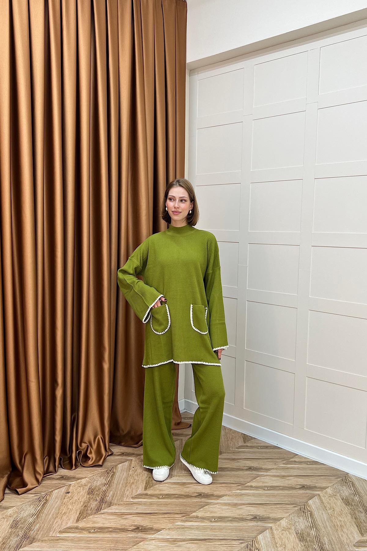 Cep Örgülü Triko Takım Yağ Yeşili