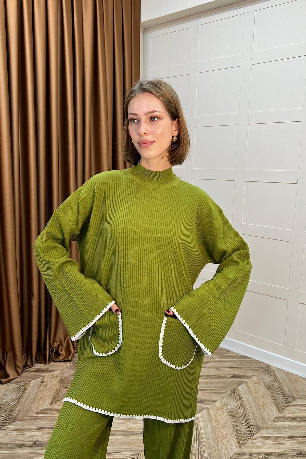 Cep Örgülü Triko Takım Yağ Yeşili