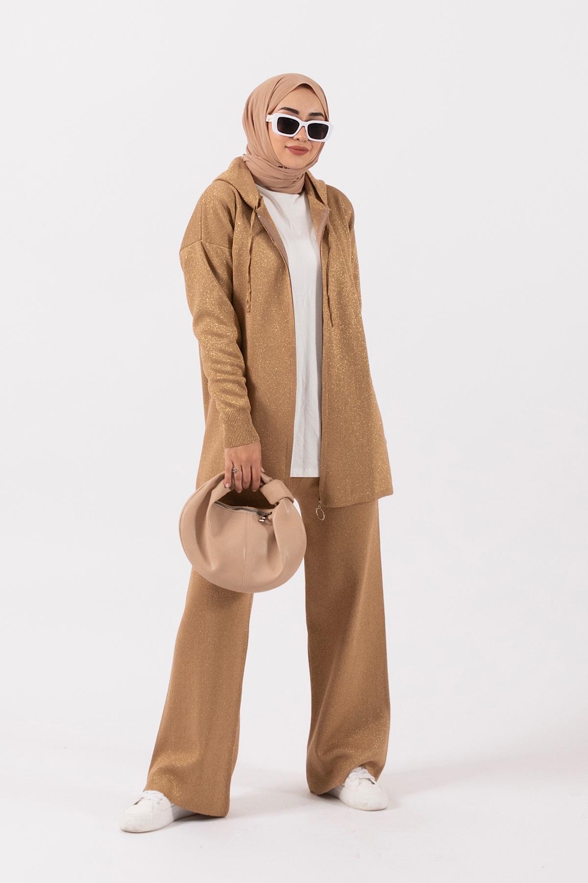 Civole Simli Triko Takım Camel